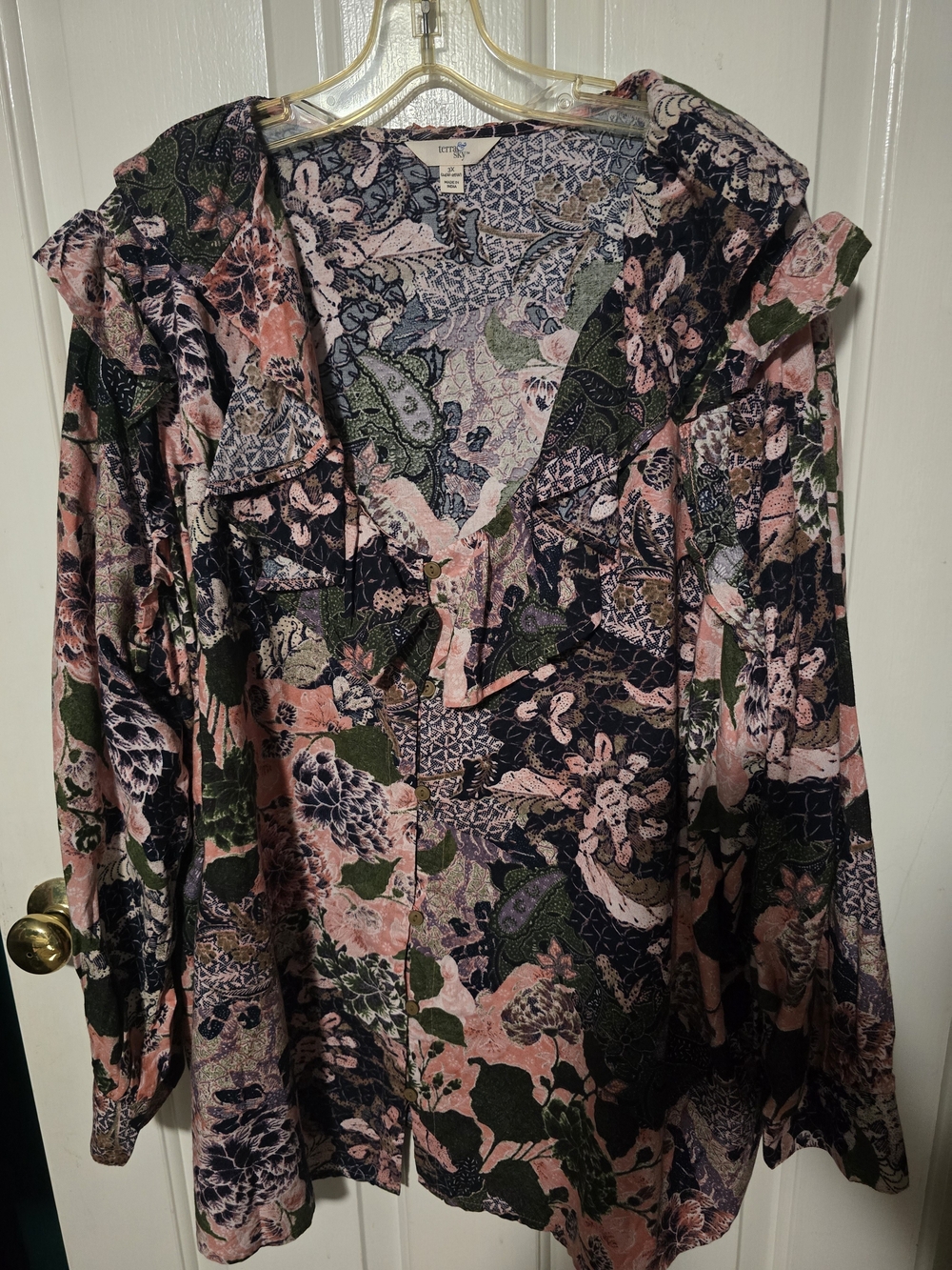 Terra & Sky Pink, Green & Navy Floral V-Neck Blouse